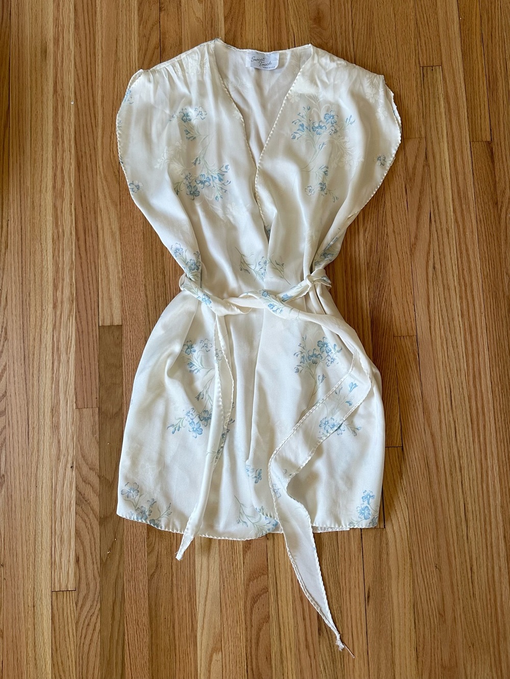 Light Cream Floral Lingerie Coverup Wrap Dress with Blue Accents